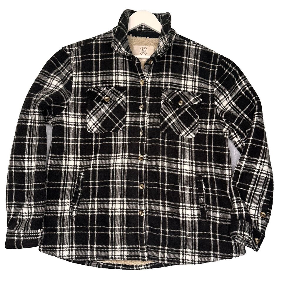 Sage Collective Womens XL Plaid Sherpa Lined Shacket Jacket Black White Cozy